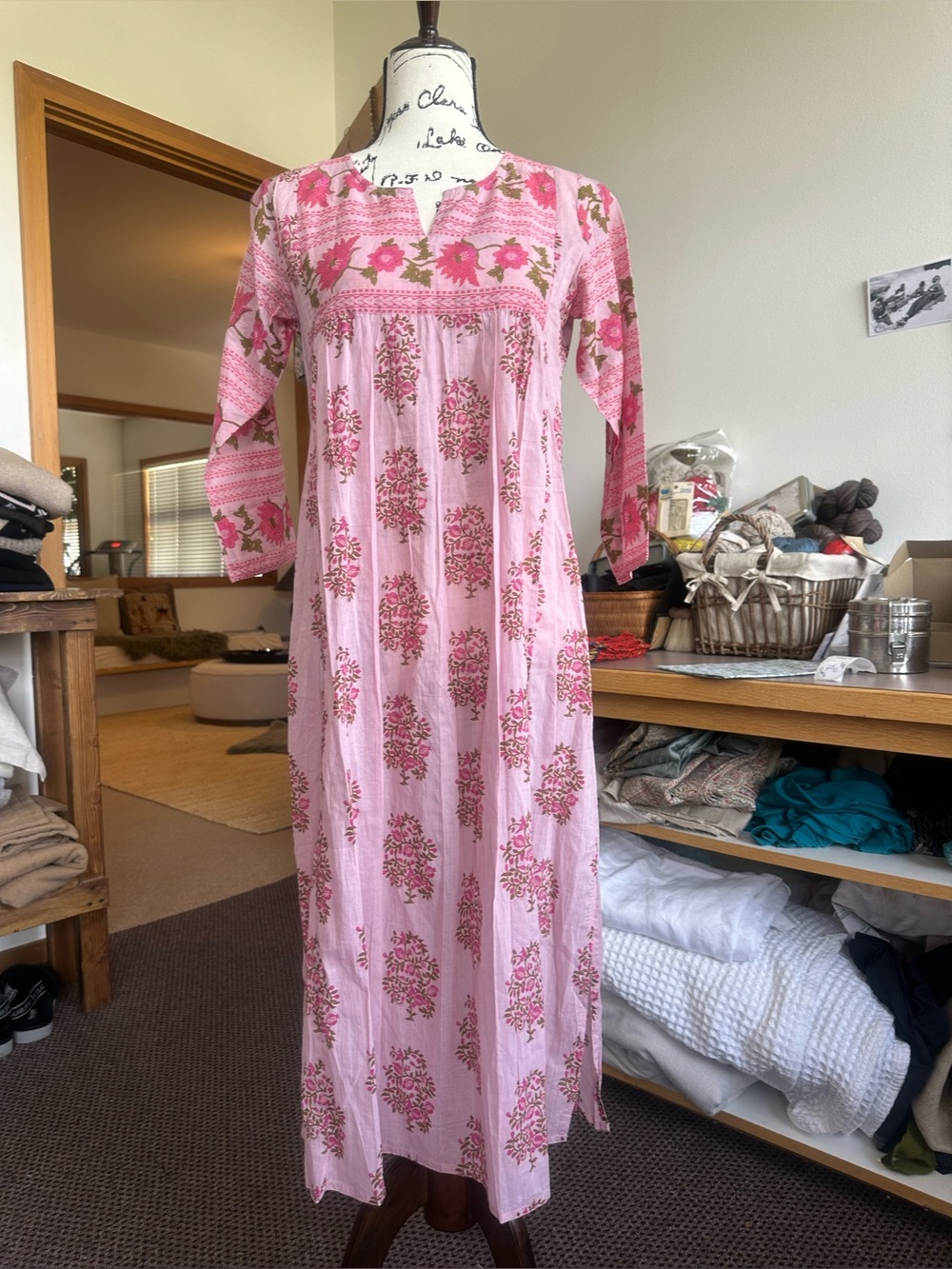 Cotton block print Pink Floral & pomegranates Midi Dress